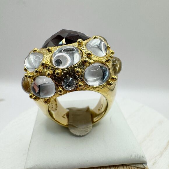 Huge Domed Cocktail Ring Faux Garnet With Clear Cabochons HSN QVC Size 6.5 - Picture 2 of 13